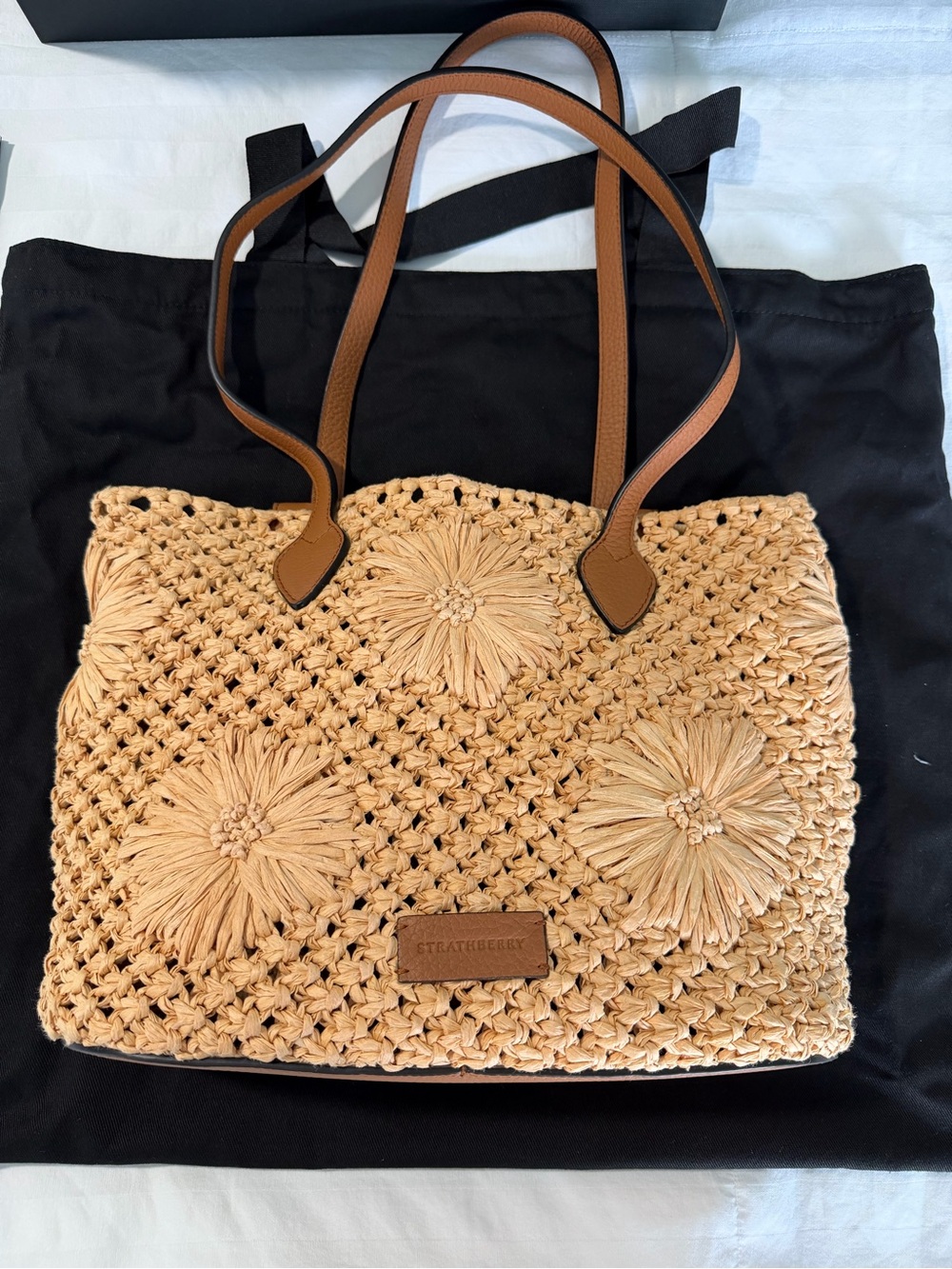 Strathberry Tan Raffia Floral Crochet Tote